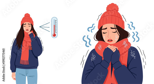 Sick young woman wearing a warm hat and scarf while shivering from cold with a thermometer showing a high fever temperature.