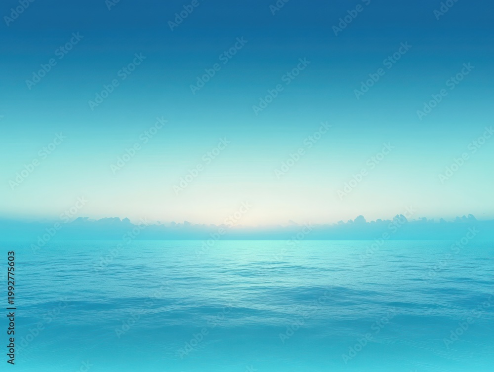 Obraz premium Calm open sea at dawn with gentle ripples, distant low clouds and a soft glowing blue horizon conveying peaceful serenity