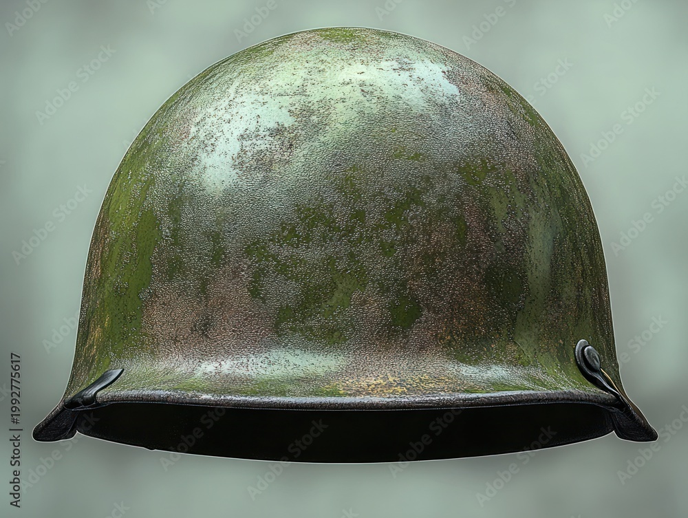 Fototapeta premium Weathered green military helmet with mottled rust, scratches, and visible black side lugs, textured corroded metal surface evoking resilience and quiet solitude