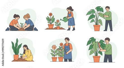 Collection of various scenes showing people caring for plants by planting seeds, watering flowers, and cleaning leaves at home.