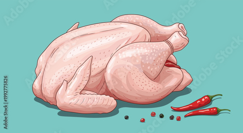 Fresh whole raw chicken placed on a teal surface with red chili peppers and black peppercorns ready for seasoning and roasting.