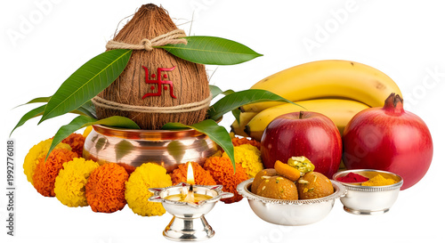 Hindu Pooja Offering: Coconut Kalash, Diya Lamp, Fruits, and Sweets for Religious Ceremony