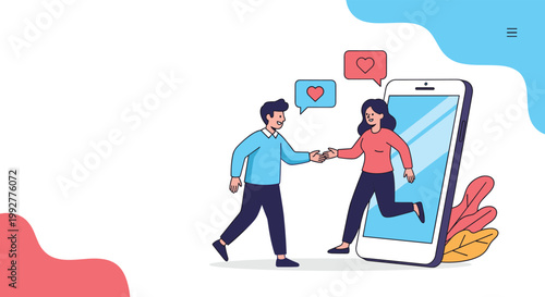 Concept of online dating with a man meeting a woman who is stepping out of a large smartphone screen to greet him.