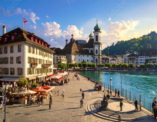 Lucerne Switzerland: A scenic cityscape view of the River Reuss and the historic city