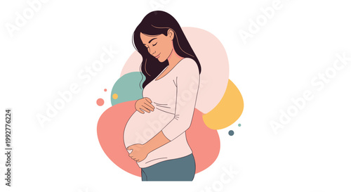 Beautiful pregnant woman gently cradles her belly in a tender moment of anticipation against a colorful abstract background pattern.