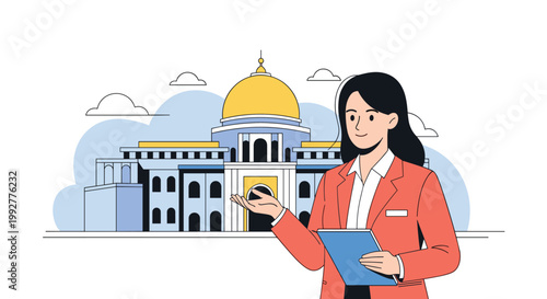 Professional female tour guide gestures toward a majestic domed government building or historical landmark under a clear blue sky.
