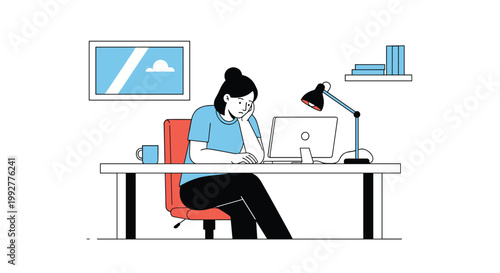 Tired office worker rests her head on her hand while feeling bored or exhausted at her workstation with a computer and desk lamp.
