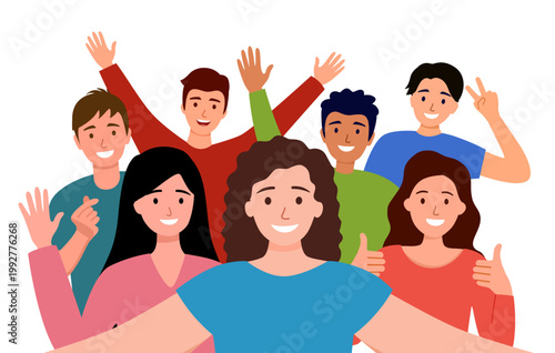 People group selfie. Friendly girl makes group photo with smiling friends on smartphone camera in hands, taking self portrait photos. Smartphone photography vector illustration.