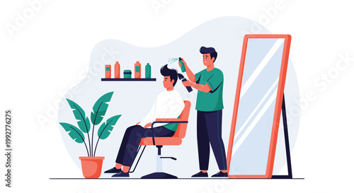 Professional barber applies hairspray to style a young mans hair during a grooming session in a modern and clean hair salon environment.