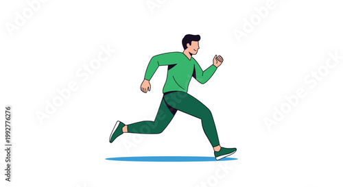 Active young man in a green sweatshirt and dark pants enjoys a healthy outdoor lifestyle while running along a path in a flat illustration.