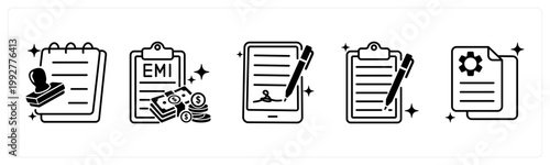 A set of 5 mix icons as loan approval, emi payment, agreement