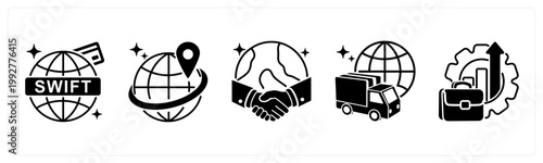 A set of 5 mix icons as swift payment, expansion, international trade