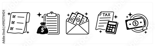 A set of 5 mix icons as receipt, loan, salary