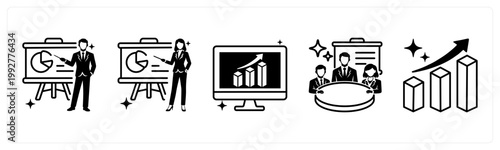 A set of 5 mix icons as presentation, dashboard, business meeting