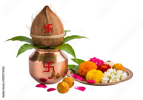 Hindu Puja Kalash Arrangement: Coconut, Copper Pot with Swastika, Flowers, and Sweets for Worship