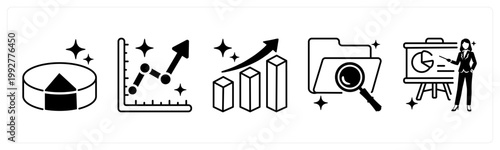 A set of 5 mix icons as pie chart, line chart, bar chart
