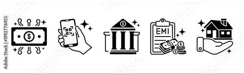 A set of 5 mix icons as fintech app, scan to pay, banking app