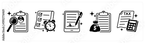 A set of 5 mix icons as search candidate, deadline, agreement