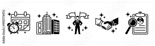 A set of 5 mix icons as time management, corporate tower, leadership