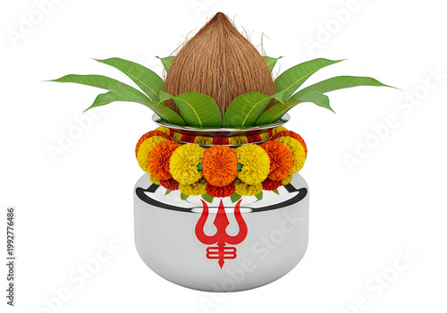 Kalash Pot Decorated with Marigolds and Mango Leaves, Symbol of Hinduism and Prosperity