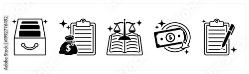 A set of 5 mix icons as archive box, loan, regulation