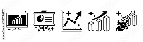 A set of 5 mix icons as dashboard, presentation board, line chart