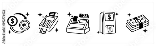 A set of 5 mix icons as currency exchange, pos machine, cash register