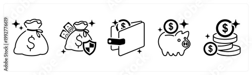 A set of 5 mix icons as money bag, financial secrurity, wallet