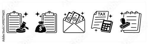 A set of 5 mix icons as compliance, loan, salary