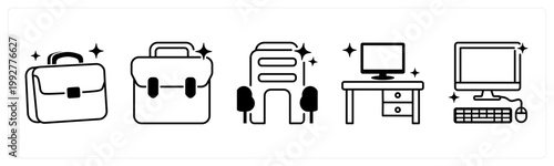 A set of 5 mix icons as briefcase, office, desk, computer