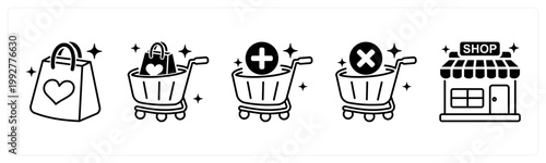 A set of 5 mix icons as shopping bag, shopping cart, add to cart