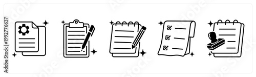 A set of 5 mix icons as document, clipboard, notepad