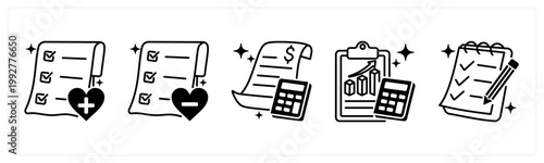 A set of 5 mix icons as add to wishlist, remove from wishlist, bill