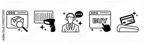 A set of 5 mix icons as search product, barcode scan, chat support