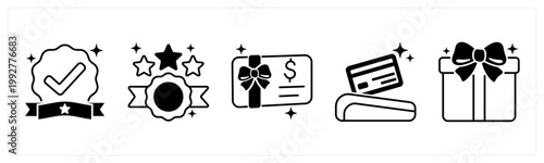 A set of 5 mix icons as verified badge, top rated, gift card