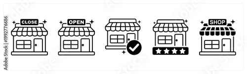 A set of 5 mix icons as store closed, store open, store approval