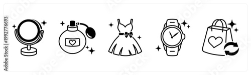 A set of 5 mix icons as mirror, perfume, dress