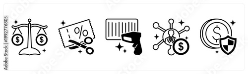 A set of 5 mix icons as price comparison, coupon, barcode scan