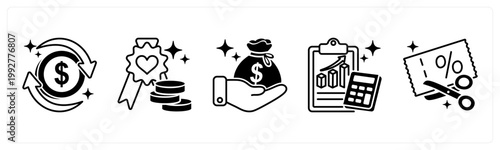 A set of 5 mix icons as cashback, loyalty points, revenue