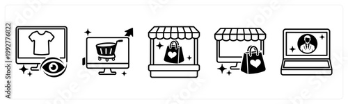 A set of 5 mix icons as recently viewed, ecommerce growth, vendor store