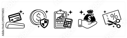 A set of 5 mix icons as card swipe, payment success, sales report