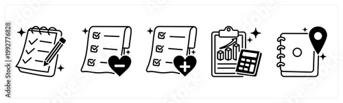 A set of 5 mix icons as wishlist, remove from wishlist, add to wishlist