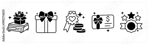 A set of 5 mix icons as weight machine, gift, loyalty points