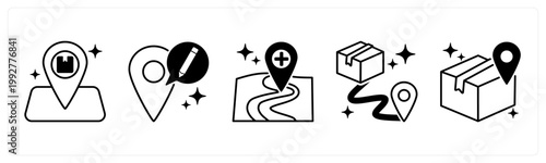 A set of 5 mix icons as pickup point, edit address, add address