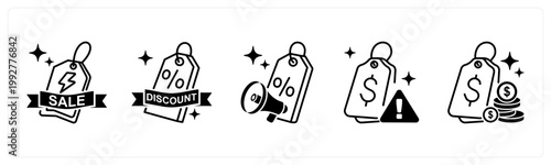 A set of 5 mix icons as flash sale, discount, offer