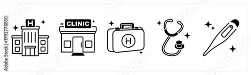 A set of 5 mix icons as hospital building, clinic, first aid kit