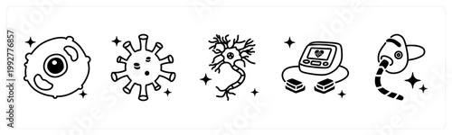 A set of 5 mix icons as cell, virus, neuron