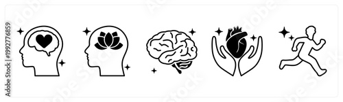A set of 5 mix icons as mental health, stress relief, brain