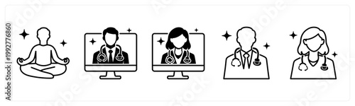 A set of 5 mix icons as medidation, online consultation, male doctor