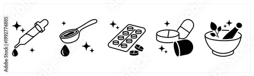 A set of 5 mix icons as medicine dropper, cough syrup, blister pack